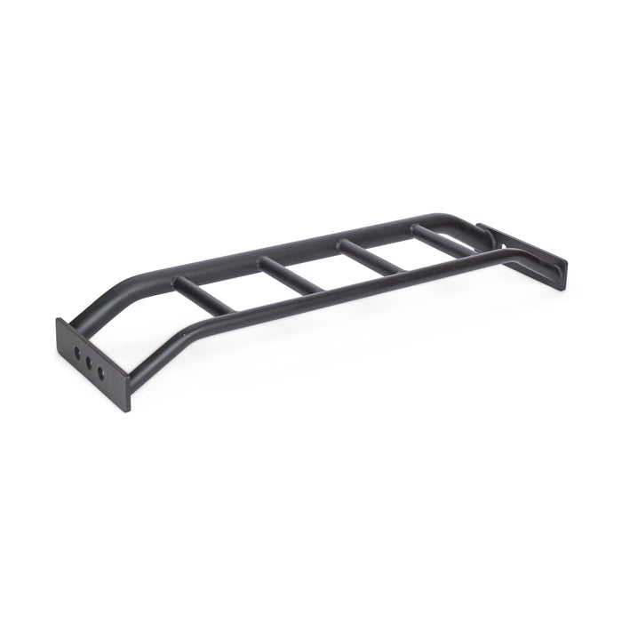 The Bells of Steel Multi-Grip Pull Up Bar is a black metal bar with four horizontal grips and mounting plates on one end, shown on a white background.
