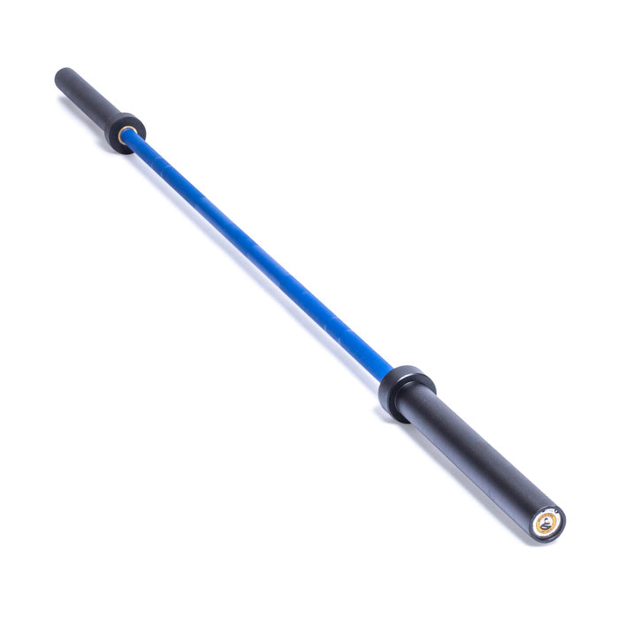 The Bells of Steel Multi-Purpose Olympic Barbell – The Utility Bar, featuring black grips, durable brass bushings, and silver ends, is displayed on a plain white background.