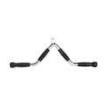 The Bells of Steel MULTI-PURPOSE V STYLE BAR features black rubber grips for muscle training and is ideal for cable machine attachment, shown isolated on a white background.