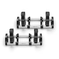 Two Nuobell NÜOBELL 50 to 80 LB Expansion Kit - Standard (Chrome) adjustable dumbbells with sleek black weights and chrome handles rest side by side on matching racks against a white background—an ideal choice for anyone seeking to upgrade their adjustable dumbbells or expand their home gym with a versatile 50 to 80-pound range.