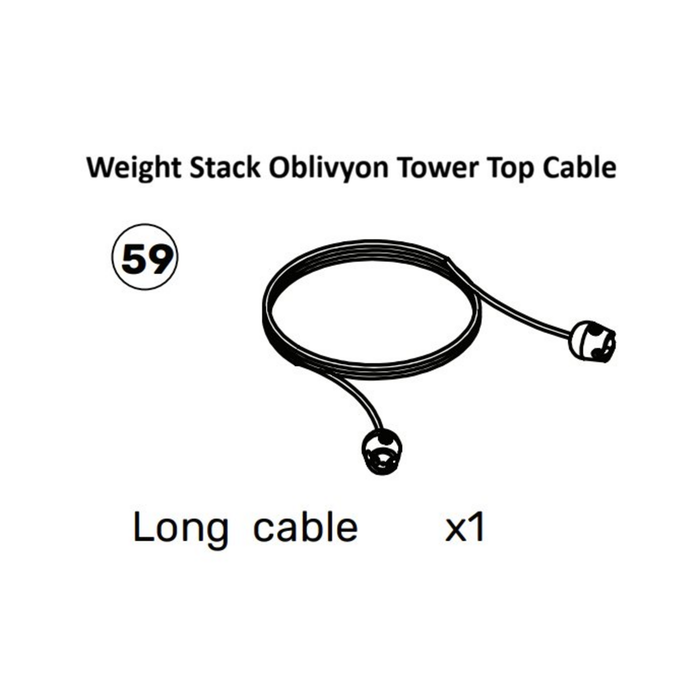 Black and white diagram of a "Weight Stack Oblivyon Tower Top Cable" (item 59) from Bells of Steel USA's Oblivyon Cable Tower Spare Parts, illustrating a single long cable with connectors on both ends and the text "x1." This essential part is engineered for seamless integration with the Plate Loaded Oblivyon Tower system.