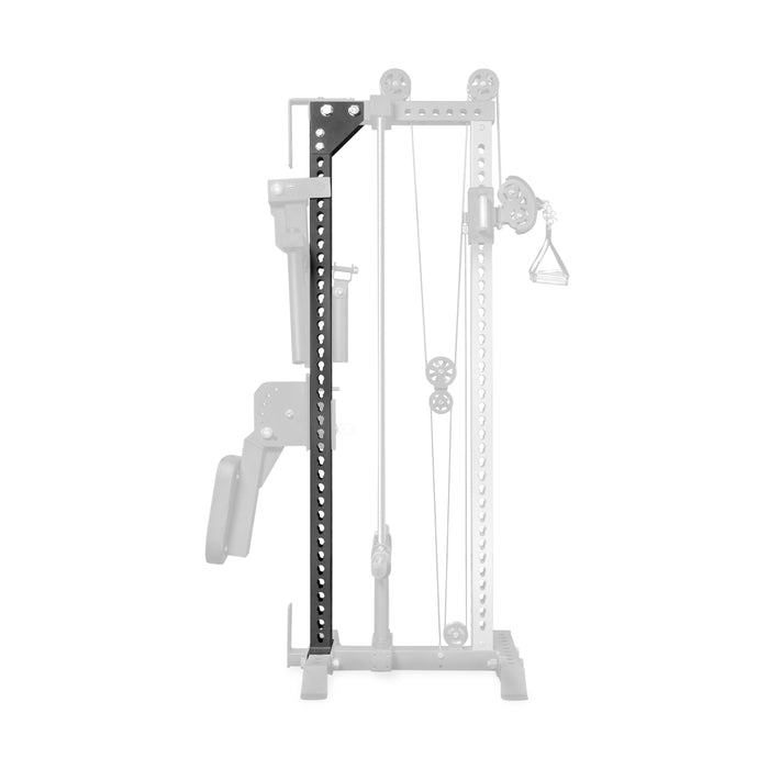 A close-up view of the Bells of Steel USA Oblivyon Tower - 3x3″ Cable Tower - Back Upright, featuring the black-highlighted adjustable vertical bar and pulley system; rack-mounted attachments on the back upright are subtly visible while the remainder of the machine appears faded out.