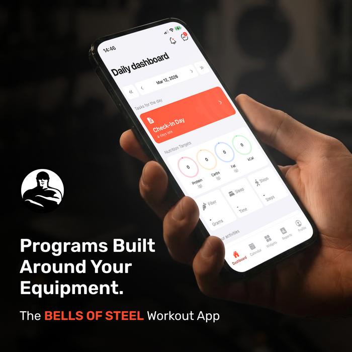 A hand holds a smartphone showing the Bells of Steel Online Coaching app’s Daily Dashboard. Text highlights tailored programs for your equipment and offers online coaching for personalized fitness, with the Bells of Steel logo on the left.