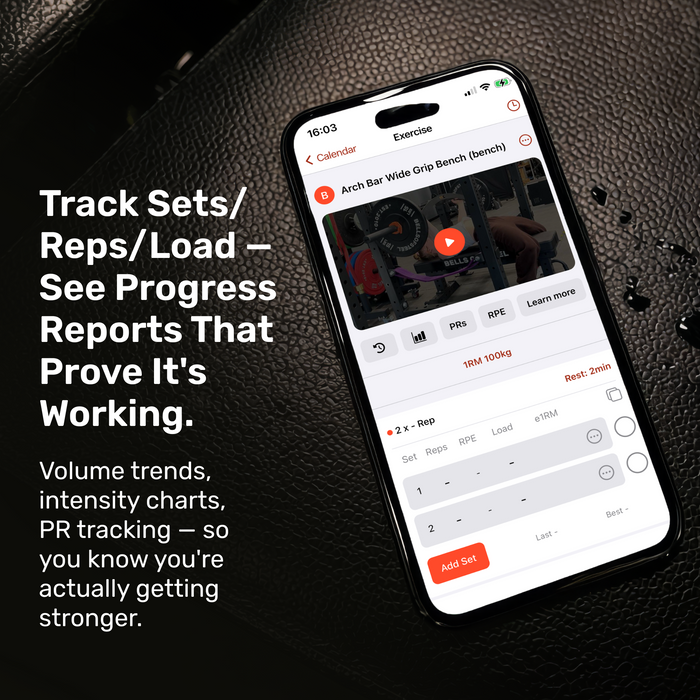 A smartphone shows the Bells of Steel Online Coaching app tracking sets, reps, and load, with features like personalized coaching, progress reports, charts, trend highlights, PR tracking, and strength progress.