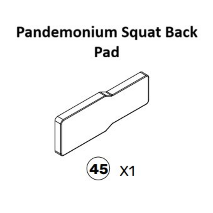 Black and white diagram of a rectangular Bells of Steel USA Pandemonium Squat Machine Spare Part with an angled edge and groove, labeled "45 X1" to indicate one piece. This squat pad is designed specifically for the Pandemonium Squat setup, making it an ideal replacement component.