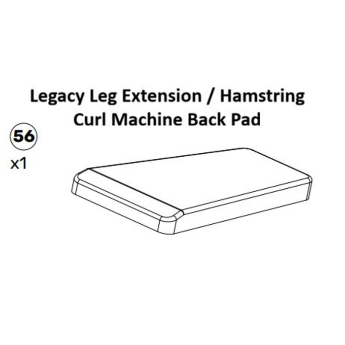 Line drawing of a rectangular Back Pad labeled "Plate-Loaded Leg Extension Spare Parts" from Bells of Steel USA, with a "56 x1" symbol on the left—ideal for Plate-Loaded Leg Extension machines and those seeking high-quality replacement parts.