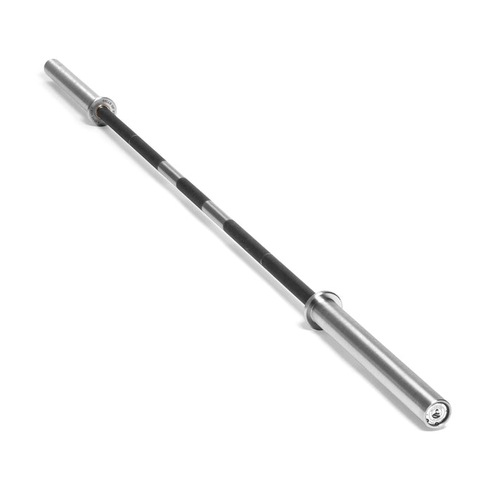 The Bells of Steel Powerlifting Bar, featuring a knurled black grip center and silver ends, meets IPF specs and is shown diagonally on a white background.