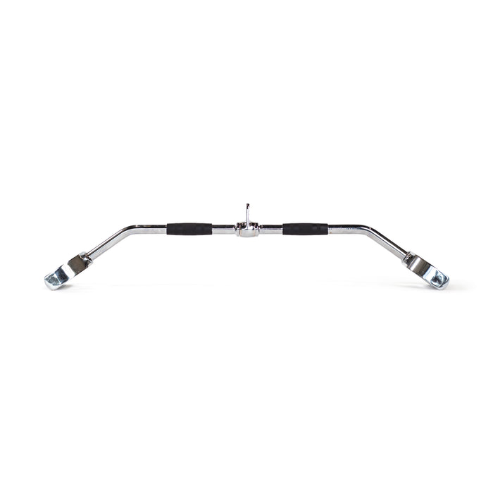 The Bells of Steel Pro-Style Lat Bar Cable Attachment, 38 inches long with angled ends and black rubber grips, is chrome-plated and designed for cable machines; shown photographed against a white background.