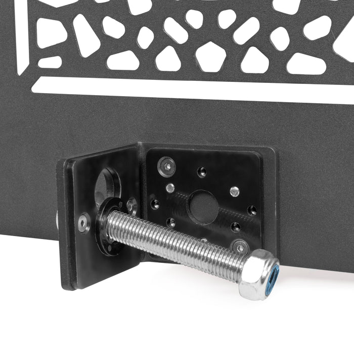 Close-up of a metal bolt with hex nut on a black L-bracket, mounted to a panel—perfect for securely installing your Bells of Steel Rack Attached Basketball Hoop w/ Ball in your home gym.
