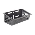 The Bells of Steel Rack Attached Storage Basket is a black plastic basket with geometric cut-outs and mounting holes, ideal for efficient gym storage or organizing your fitness accessories.