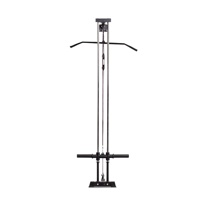 The Rack Lat Pulldown / Row Attachment by Bells of Steel is a sleek exercise machine designed for upper body workouts, featuring two adjustable cables with long handles and a straight bar. The black equipment, suitable for light commercial or residential use, stands on a white background.