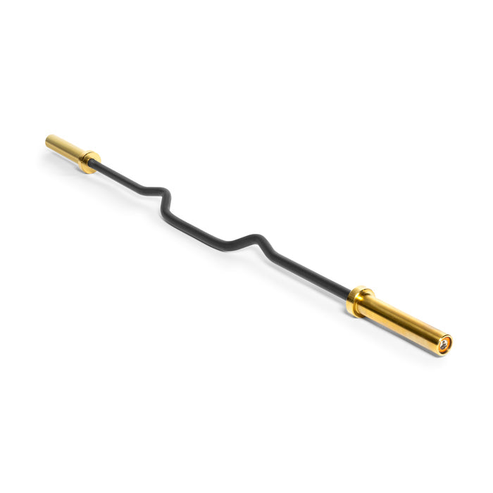 Introducing the Rackable EZ Curl Bar by Bells of Steel, a sleek black bar with gold ends. Its unique zigzag shape enhances grip, making it perfect for developing your biceps and triceps efficiently.
