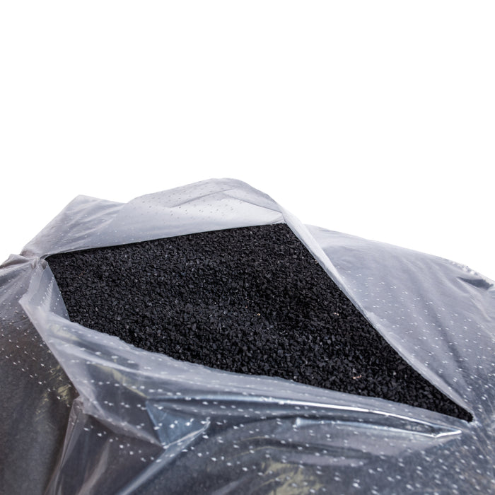 A 40lb bag of Bells of Steel Recycled Tire Rubber Crumb Filler, shown open and filled with crumb rubber made from recycled tires against a white background.