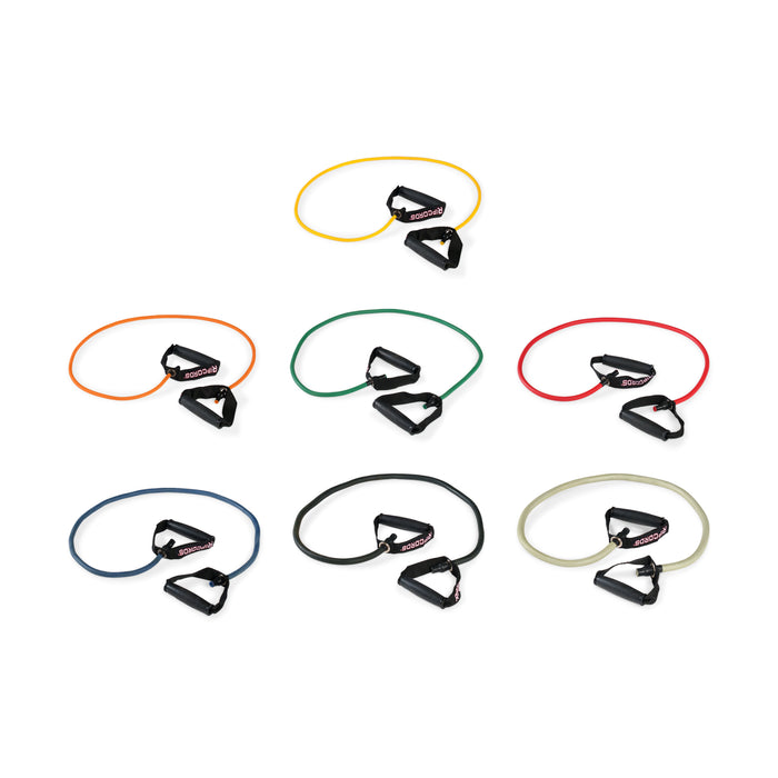 Seven Ripcords Premium Resistance Bands by Bells of Steel USA—in yellow, orange, red, green, blue, black, and grey—each featuring sturdy black rubber handles, are neatly arranged in two rows on a white background.