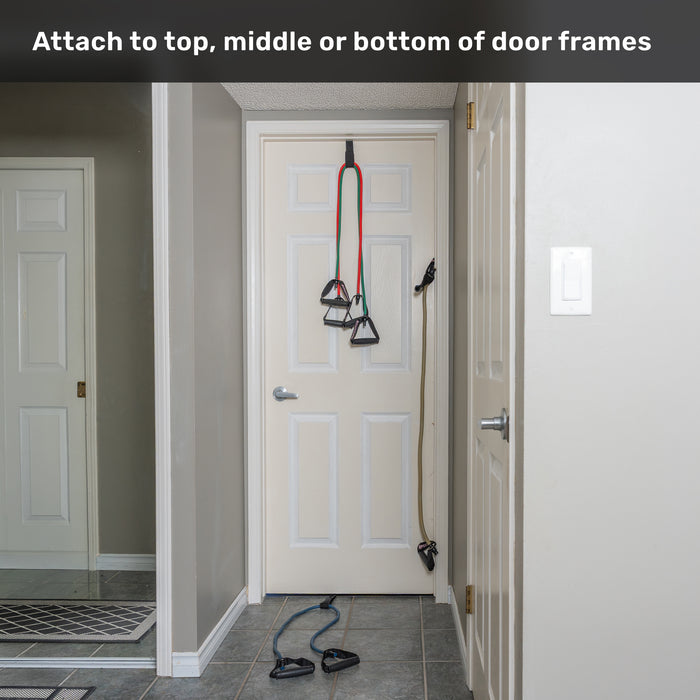 Ripcords Premium Resistance Bands by Bells of Steel USA, featuring rubber handles, are shown attached with a door anchor at the top, middle, and bottom of a closed white hallway door to demonstrate various exercise anchor points. The instructional text above explains how to securely fasten these resistance bands to door frames.