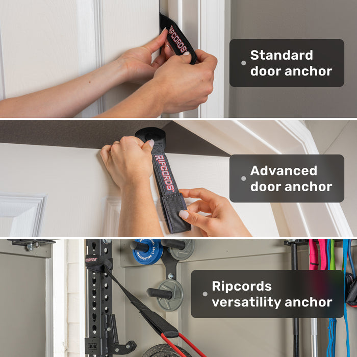 Three images show: hands setting up a standard door anchor for the Bells of Steel USA Ripcords Premium Resistance Bands, hands setting up an advanced door anchor, and a Ripcords versatility anchor attached to a gym rack with resistance bands, with labeled text on each image.
