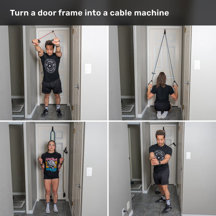 Four-panel image featuring a man and woman working out with Ripcords Premium Resistance Bands by Bells of Steel USA. They use sturdy door anchors and comfortable rubber handles to perform various exercises, demonstrating how to transform any door frame into a versatile cable machine. Text at the top reads, “Turn a door frame into a cable machine.”.