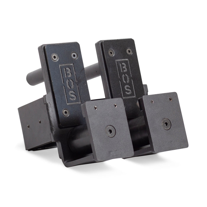 A pair of Bells of Steel Roller J-Cups with durable nylon rollers, square footplates, handles, and mounting holes are shown side by side on a white background—ideal for your next bench press session.