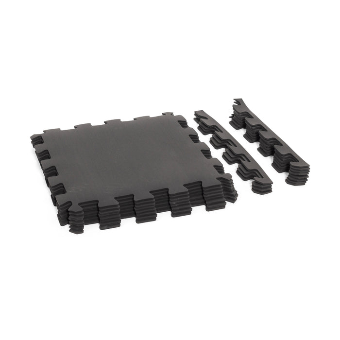 The Bells of Steel Rubber Flooring Puzzle Gym Mat 24" x 24" (Set of 8) features interlocking tiles with edge pieces for easy assembly and gym floor protection, perfect as padded flooring in home gyms or playrooms.