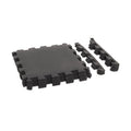 The Bells of Steel Rubber Flooring Puzzle Gym Mat 24" x 24" (Set of 8) features interlocking tiles with edge pieces for easy assembly and gym floor protection, perfect as padded flooring in home gyms or playrooms.