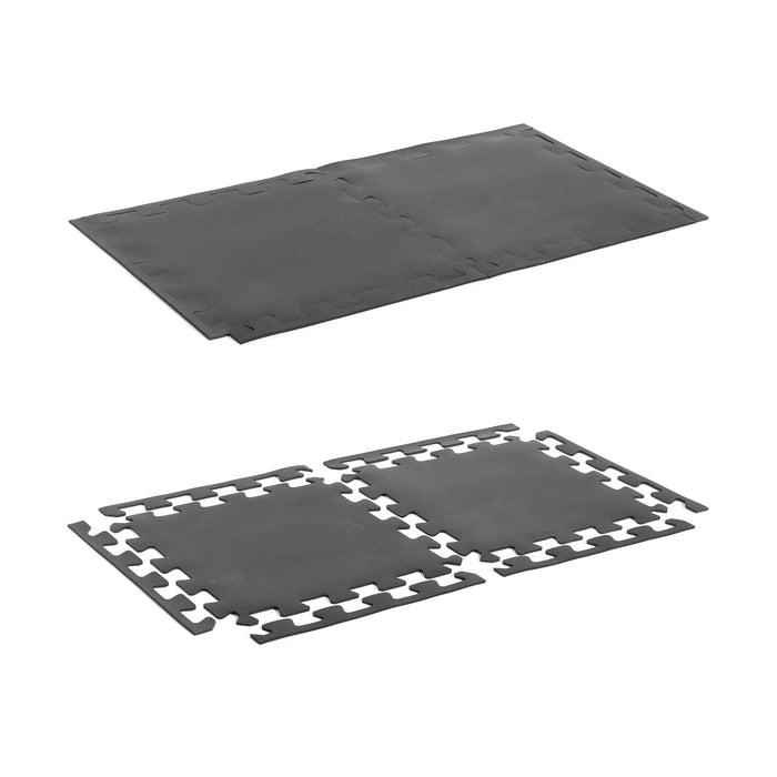 The Bells of Steel Rubber Flooring Puzzle Gym Mat 24" x 24" (Set of 8) features black mats with interlocking puzzle edges. Some pieces are connected, others separated to show easy gym floor protection on a white background.