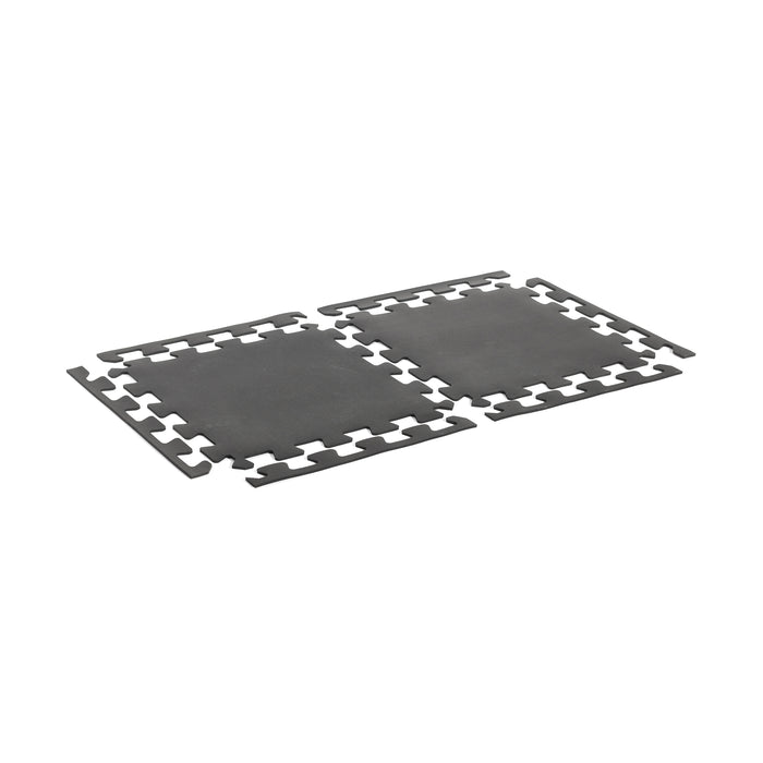 Two Bells of Steel Rubber Flooring Puzzle Gym Mats (24" x 24", Set of 8) with detachable edges are placed side by side on a white background, providing durable gym floor protection.