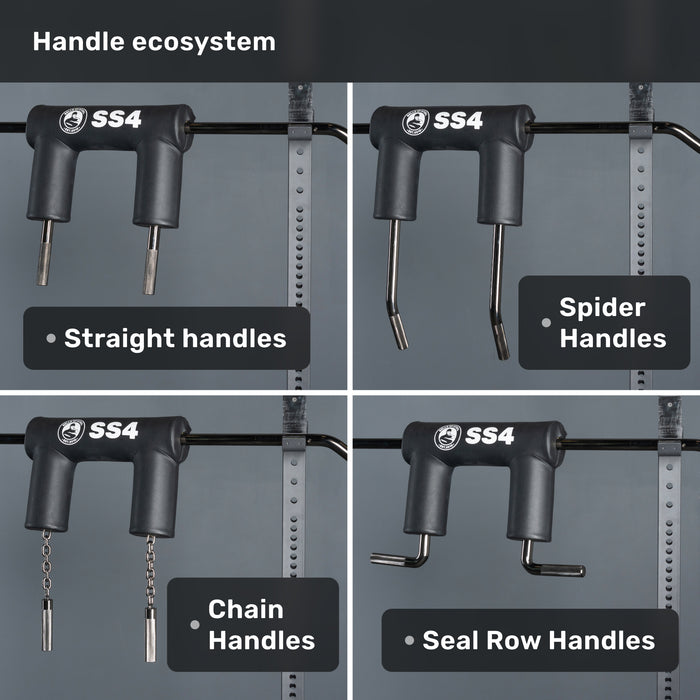 The Bells of Steel Safety Squat Bar - The SS4 features four handle types—straight, spider (angled), chain, and seal row with hooks—for versatile leg day workouts and barbell squat variations.