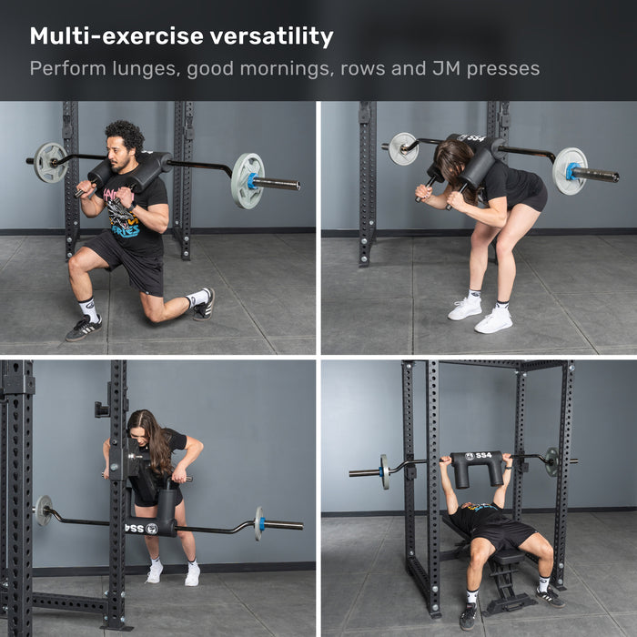 Four images show a man and woman using the Bells of Steel Safety Squat Bar - The SS4 for lunges, good mornings, bent-over rows, and JM presses in a gym with a squat rack. Text above: "Multi-exercise versatility." Perfect for leg day variety.