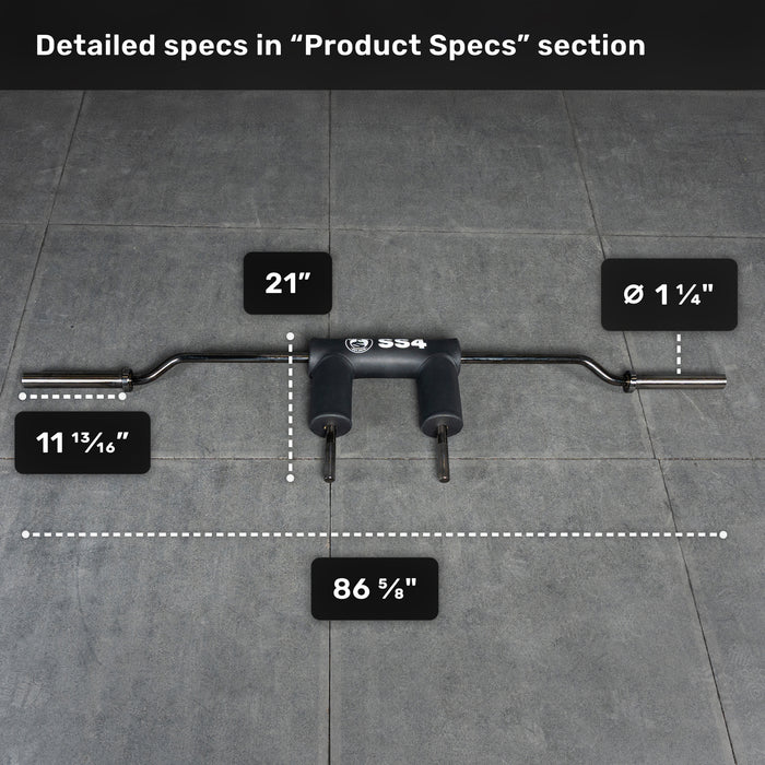 The Bells of Steel Safety Squat Bar - The SS4, featuring high-density shoulder pads, is shown on a gray tile floor. Measurements: 21" pad spacing, 11 13/16" handle drop, 86 5/8" length, and a 1 1/4" bar diameter.