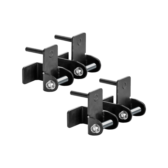 Four Bells of Steel Safety Strap Connectors in black metal, featuring protruding pins and bolts, are arranged in two rows on a white background—essential hardware for enhancing your power rack’s training safety.