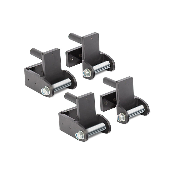 Four Safety Strap Connectors by Bells of Steel, featuring black metal j-hooks with roller sleeves and bolts, designed for power rack fitness equipment, shown on a white background.