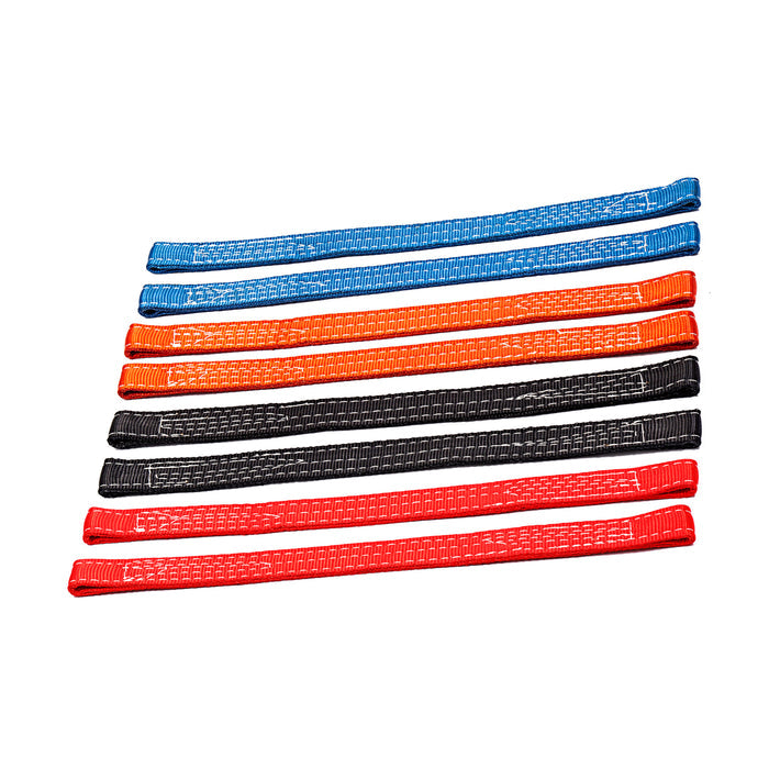 Eight Bells of Steel Safety Straps for 2.3" x 2.3" racks in blue, orange, black, and red are laid out parallel to each other on a white background—essential for protection and safety.
