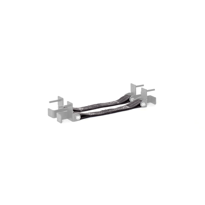 The Bells of Steel Safety Straps for Hydra & Manticore Racks are black braided grounding straps with metal connectors on each end, attached to grey mounting brackets for enhanced protection, shown on a white background.