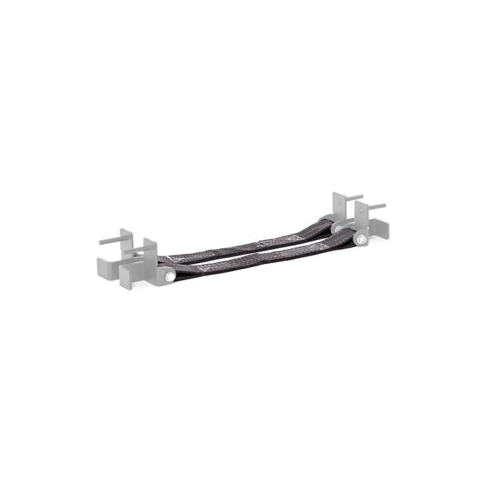 Bells of Steel Safety Straps for Hydra & Manticore Racks: Black and silver braided cables with metal clips and grey plastic mounting brackets for power racks, enhancing safety and protection. Isolated on white background.
