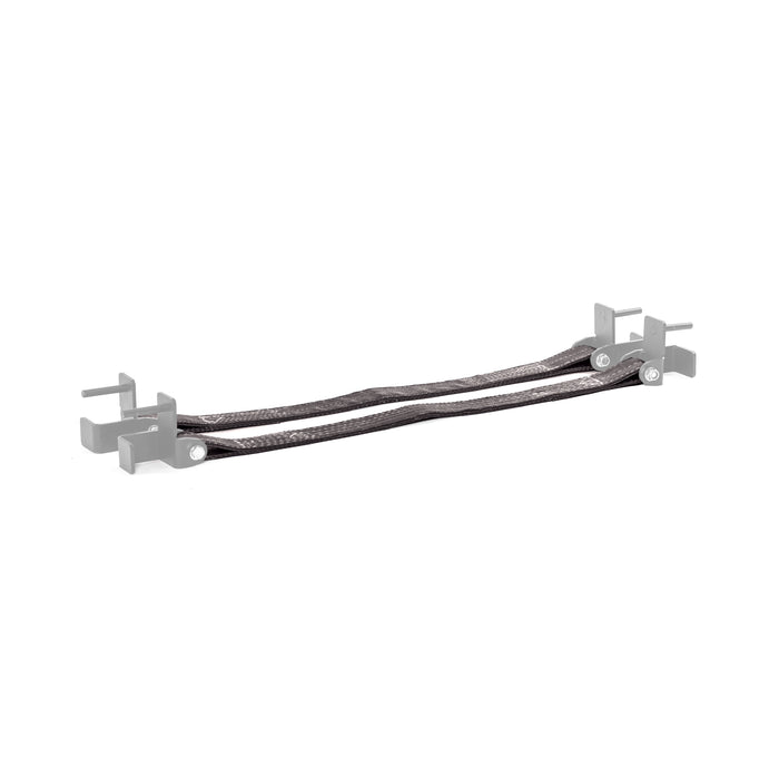 Two black braided Safety Straps for Hydra & Manticore Racks by Bells of Steel, with metal connectors and gray mounting brackets, provide reliable rack protection, shown isolated on a white background.
