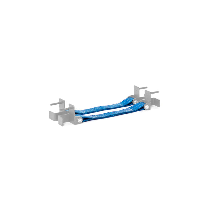 The Bells of Steel Safety Straps for Hydra & Manticore Racks are blue braided grounding straps with metal connectors at both ends, designed to ensure proper grounding and enhanced protection in power racks.