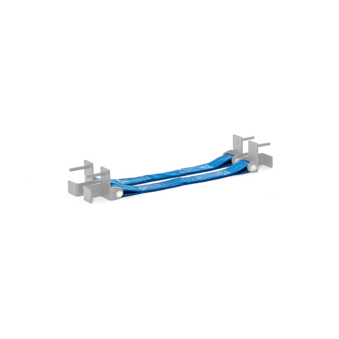The Bells of Steel Safety Straps for Hydra & Manticore Racks feature blue and white woven straps with gray plastic end brackets, designed for secure support or fastening on power racks, isolated on a white background.