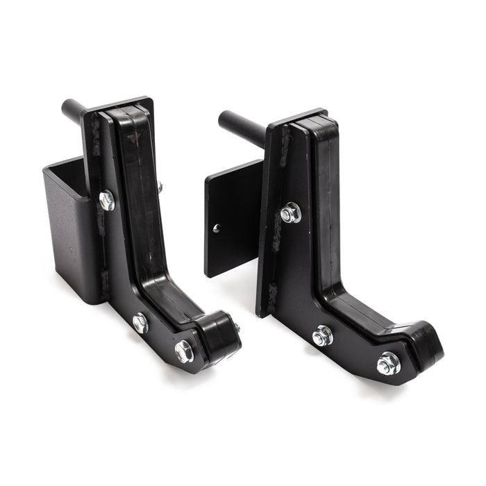 Two black metal Bells of Steel Sandwich J-Cups with bolts and brackets, designed as heavy-duty rack attachments for holding barbells or a safety squat bar on a squat rack or power cage, displayed on a white background.