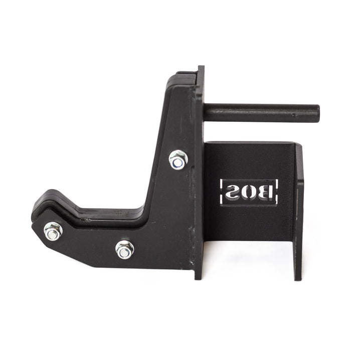 Heavy-duty black Sandwich J-Cups by Bells of Steel, with bolts and a protruding rod. The "BOS" logo is cut out on the side. Photographed against a plain white background.