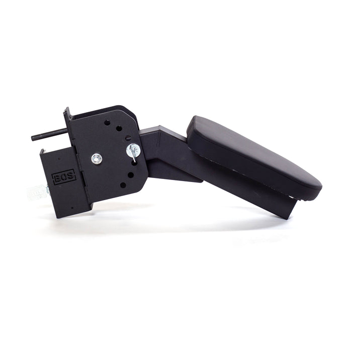 The Bells of Steel Seal Row Pad Rack Attachment, featuring a black padded top, adjustable armrest, metal mounting bracket, and lever—perfect as a chest support or seal row pad for your power rack—is shown on a white background.