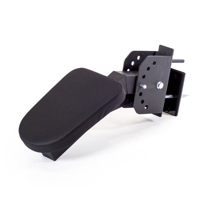The Bells of Steel Seal Row Pad Rack Attachment features a black adjustable padded armrest on a metal bracket with multiple holes, designed for easy customization and attachment to your rack or workstation.