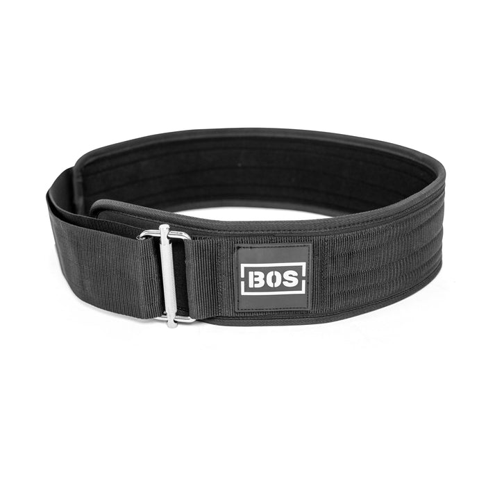 The Bells of Steel Self Locking Belt, black with a silver buckle, velcro strap, and rectangular "BOS" logo patch on the front, is shown coiled on a white background for reliable back support.