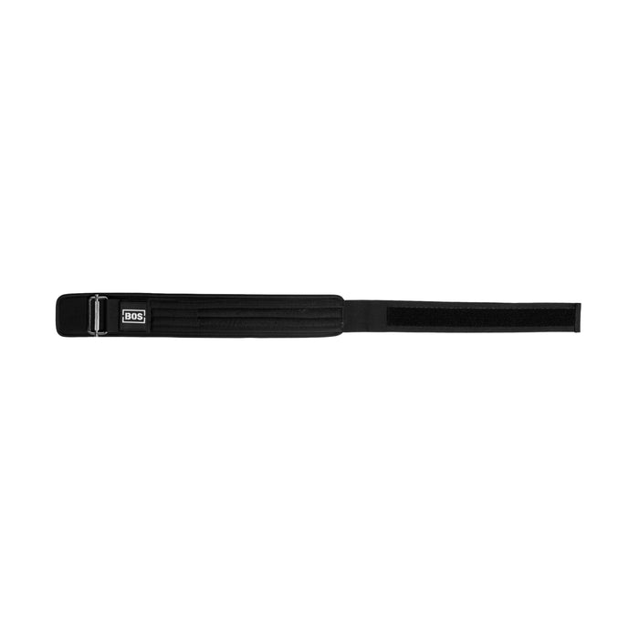The Bells of Steel Self Locking Belt is a black, adjustable weightlifting belt with a metal buckle and Velcro strap for enhanced back support, shown against a white background.