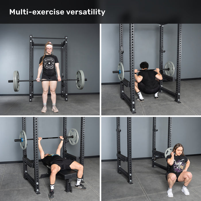 Four people perform front squat, back squat, bench press, and seated shoulder press with the Bells of Steel Short Rackable Barbell and power rack in a home gym. “Multi-exercise versatility.” appears at the top.