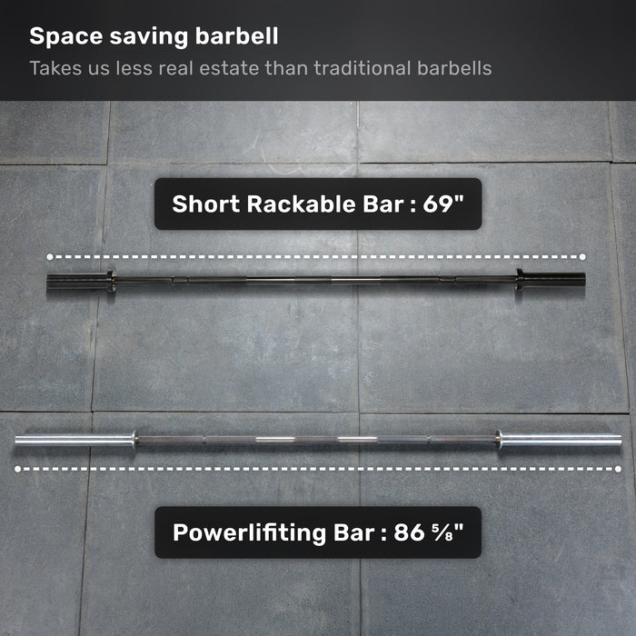 Two barbells rest on a gray tiled floor. On top is the Bells of Steel Short Rackable Barbell—compact and space-saving, ideal for home gyms. Below sits a longer powerlifting bar. Text above reads: "Space saving barbell.