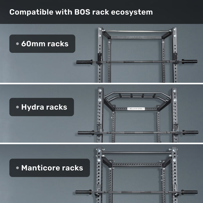 Three gym racks—60mm, Hydra, and Manticore—are each shown with the Bells of Steel Short Rackable Barbell attached, showcasing their compatibility within the BOS home gym rack ecosystem.