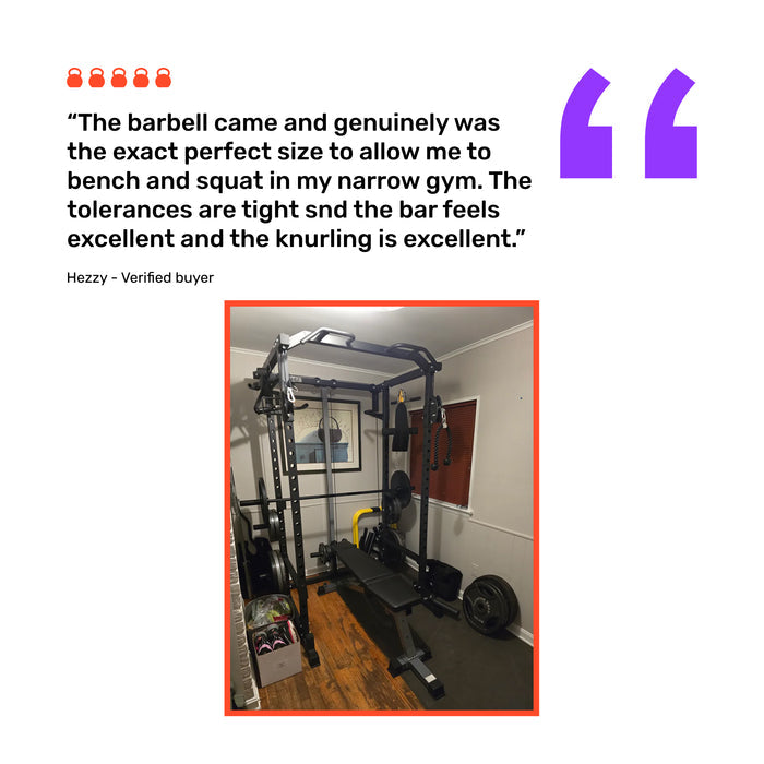 A customer review praises the Bells of Steel Short Rackable Barbell’s fit and quality for benching and squatting in a small gym. Below is a photo of a home gym with weightlifting equipment in a narrow room.