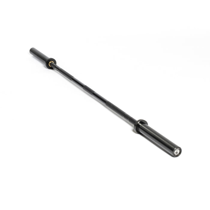 The Bells of Steel Short Utility Barbell features knurled grips and silver ends, shown in black on a white background—an ideal addition to any home gym setup.