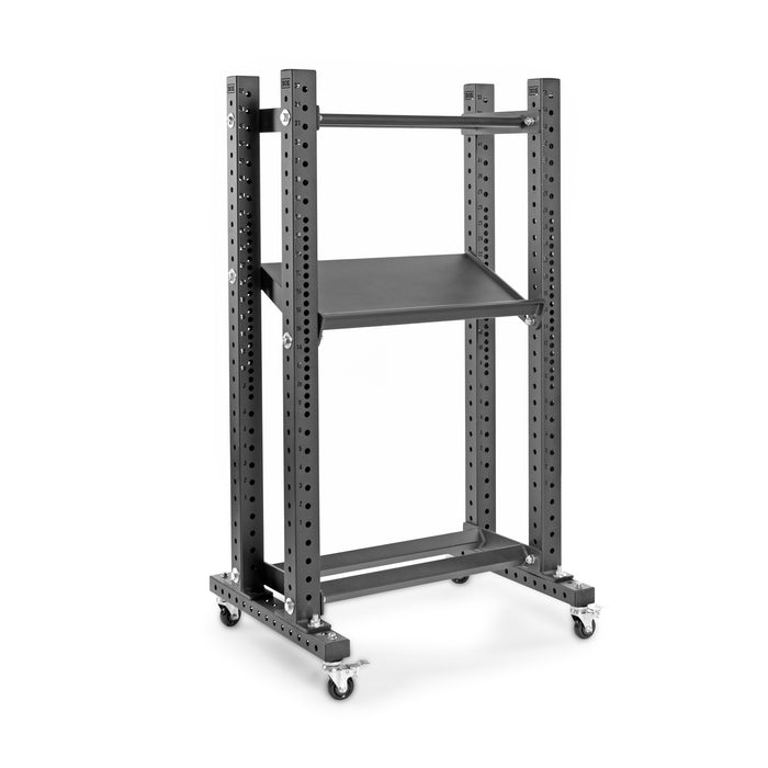 The Bells of Steel Single Bolt Casters feature multiple adjustable perforated beams and two flat surfaces for shelving, providing versatile and mobile storage solutions.