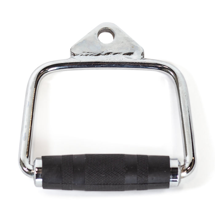 The Bells of Steel Single D Handle Cable Attachment has a black textured rubber grip and a triangular bracket with a hole for fast gym equipment attachment.